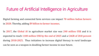 Future of Artificial Intelligence in Agriculture
Digital farming and connected farm services can impact 70 million Indian farmers
in 2020. Thereby, adding $9 billion to farmer incomes.
In 2017, the Global AI in agriculture market size was 240 million US$ and it is
expected to reach 1100 million US$ by the end of 2025 and a CAGR of 20.8 percent
during 2018-2025. Thus initiatives to increase digital literacy in rural landscape
can be seen as a weapon in doubling farmer income in near future.
 