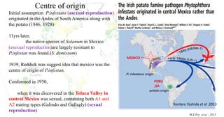 10
Centre of origin
MEXICO
PERU
;SA
Initial assumption P.infestans (asexual reproduction)
originated in the Andes of South America along with
the potato (1846, 1928)
11yrs later,
the native species of Solanum in Mexico
(asexual reproduction)are largely resistant to
P.infestan was found.(S. demissum)
1939, Reddick was suggest idea that mexico was the
centre of origin of P.infestan.
Conformed in 1950,
when it was discovered in the Toluca Valley in
central Mexico was sexual, containing both A1 and
A2 mating types (Galindo and Gallagly) (sexual
reproduction)
W.E.Fry et al. , 2015
Kentaro Yoshida et al .2013
 