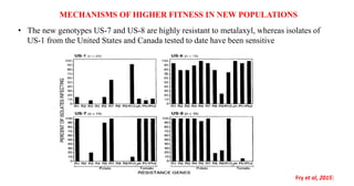 • The new genotypes US-7 and US-8 are highly resistant to metalaxyl, whereas isolates of
US-1 from the United States and Canada tested to date have been sensitive
Fry et al, 2015)
MECHANISMS OF HIGHER FITNESS IN NEW POPULATIONS
 