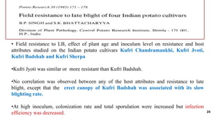 24
• Field resistance to LB, effect of plant age and inoculum level on resistance and host
attributes studied on the Indian potato cultivars Kufri Chandramaukhi, Kufri Jvoti,
Kufri Badshah and Kufri Sherpa
•Kufri Jyoti was similar or more resistant than Kufri Badshah.
•No correlation was observed between any of the host attributes and resistance to late
blight, except that the erect canopy of Kufri Badshah was associated with its slow
blighting rate.
•At high inoculum, colonization rate and total sporulation were increased but infection
efficiency was decreased.
 