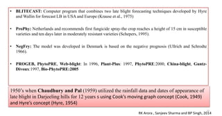• BLITECAST: Computer program that combines two late blight forecasting techniques developed by Hyre
and Wallin for forecast LB in USA and Europe (Krause et al., 1975)
• ProPhy: Netherlands and recommends first fungicide spray-the crop reaches a height of 15 cm in susceptible
varieties and ten days later in moderately resistant varieties (Schepers, 1995).
• NegFry: The model was developed in Denmark is based on the negative prognosis (Ullrich and Schrodte
1966).
• PROGEB, PhytoPRE, Web-blight: In 1996, Plant-Plus: 1997, PhytoPRE:2000, China-blight, Guntz-
Divoux:1997, Bio-PhytoPRE:2005
32
1950’s when Chaudhury and Pal (1959) utilized the rainfall data and dates of appearance of
late blight in Darjeeling hills for 12 years s using Cook’s moving graph concept (Cook, 1949)
and Hyre’s concept (Hyre, 1954)
RK Arora , Sanjeev Sharma and BP Singh, 2014
 