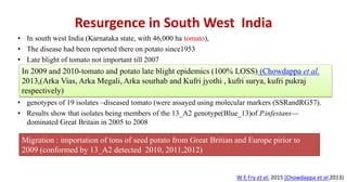 Resurgence in South West India
• In south west India (Karnataka state, with 46,000 ha tomato),
• The disease had been reported there on potato since1953
• Late blight of tomato not important till 2007
• genotypes of 19 isolates –diseased tomato (were assayed using molecular markers (SSRandRG57).
• Results show that isolates being members of the 13_A2 genotype(Blue_13)of P.infestans—
dominated Great Britain in 2005 to 2008
W E Fry et al. 2015 (Chowdappa et al.2013)
Migration : importation of tons of seed potato from Great Britian and Europe pirior to
2009 (conformed by 13_A2 detected 2010, 2011,2012)
In 2009 and 2010-tomato and potato late blight epidemics (100% LOSS) (Chowdappa et al.
2013,(Arka Vias, Arka Megali, Arka sourhab and Kufri jyothi , kufri surya, kufri pukraj
respectively)
 