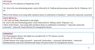 50
•PUNJAB:
•Overall, 10-15% reduction in Punjab due of LB.
• K. Jyoti is the most dominating potato variety followed by K. Pukhraj and processing varieties like K. Chipsona-1 & 3
etc
•Most of the farmers were using either metalaxyl alone or combination of metalaxyl + mancozeb, mancozeb, cymoxanil
+ mancozeb.
WEST BENGAL:
• 30% area was badly affected due to late blight.
•K. Jyoti is the most dominating potato variety followed by K. Pukhraj, and K. Chipsona-1 etc.
• Most of the farmers were using either metalaxyl alone or combination of metalaxyl + mancozeb, mancozeb,
cymoxanil + mancozeb. based chemical for managing the disease
KARNATAKA:
•In Chickmagaluru district, late blight was recorded with 15-75% disease severity.
•Overall, 10-15% yield loss.
• Potato farmers were using cymoxanil + mancozeb, femaxodone + cymoxanil, phenomidone + mancozeb,
Mandipropamid, mancozeb, dimethomorph along with gums/stickers for managing the disease.
 