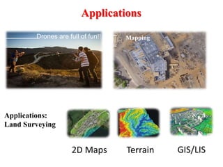 Drones are full of fun!!
Applications
Mapping
Terrain GIS/LIS
Applications:
Land Surveying
 