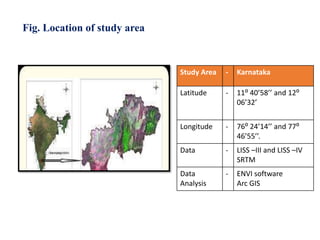 Fig. Location of study area
Study Area - Karnataka
Latitude - 11⁰ 40’58’’ and 12⁰
06’32’
Longitude - 76⁰ 24’14’’ and 77⁰
46’55’’.
Data - LISS –III and LISS –IV
SRTM
Data
Analysis
- ENVI software
Arc GIS
 