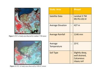 Study Area : Bhopal
Satellite Data : Landsat 5 TM
IRS P6 LISS IV
Average Elevation : 427 m
Average Rainfall : 1146 mm
Average
Temperature
: 25oC
Soil Type : Slightly deep,
well drained,
Calcareous
clayey soil
 