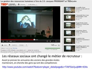 Les réseaux sociaux ont changé le métier de recruteur :
Avant je prenais les annuaires des anciens des grandes écoles
maintenant, on cherche des gens qui ont des compétences
http://www.youtube.com/watch?feature=player_detailpage&v=TAtFSaVjuqM#t=434s
 