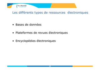 Les différents types de ressources électroniques
• Bases de données
• Plateformes de revues électroniques
• Encyclopédies électroniques
12
 