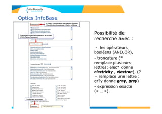 Optics InfoBase
Possibilité de
recherche avec :
- les opérateurs
booléens (AND,OR),
- troncature (*
remplace plusieurs
lettres: elec* donne
electricity , electron), (?
= remplace une lettre :
gr?y donne gray, grey)
- expression exacte
(« … »).
131
 