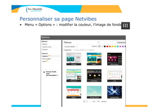 Personnaliser sa page Netvibes
• Menu « Options » : modifier la couleur, l’image de fonds.
159
 