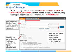 41
Web of Science
• Recherche générale : certaines fonctionnalités du Web of
Science Core Collection (author search, alerte à la citation, etc.)
ne sont pas disponibles dans l’interrogation All databases
Sélectionnez AND,
OR, NOT pour
modifier la relation
entre les pavés de
recherche
Modifiez les
paramètres de
recherche :
l’étendue du
fichier,
sélection des
index
Sélection du critère
de recherche :
topic, author,
publication name,
funding agency…
 