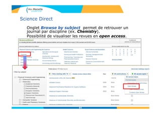 64
Science Direct
Onglet Browse by subject permet de retrouver un
journal par discipline (ex. Chemistry).
Possibilité de visualiser les revues en open access.
 