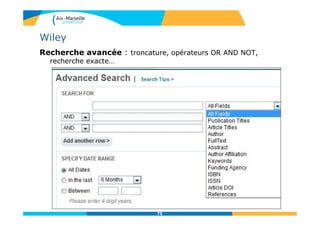 Wiley
Recherche avancée : troncature, opérateurs OR AND NOT,
recherche exacte…
75
 
