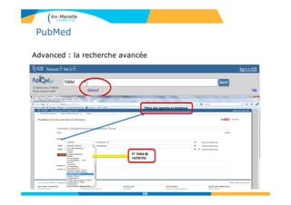 Advanced : la recherche avancée
96
41 index de
recherche
41 index de
recherche
Choix des opérateurs booléensChoix des opérateurs booléens
PubMed
 