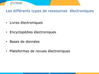 Les différents types de ressources électroniques
• Livres électroniques
• Encyclopédies électroniques
• Bases de données
• Plateformes de revues électroniques
12
 