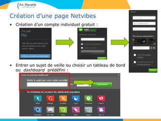 Création d’une page Netvibes
• Création d’un compte individuel gratuit :
• Entrer un sujet de veille ou choisir un tableau de bord
ou dashboard prédéfini :
 