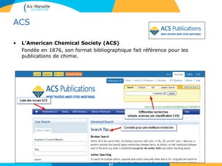 97
ACS
• L’American Chemical Society (ACS)
Fondée en 1876, son format bibliographique fait référence pour les
publications de chimie.
 