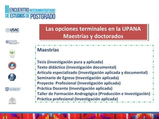 Las opciones terminales en la UPANA
Maestrías y doctorados
Las opciones terminales en la UPANA
Maestrías y doctorados
Maestrías
Tesis (Investigación pura y aplicada)
Texto didáctico (Investigación documental)
Artículo especializado (Investigación aplicada y documental)
Seminario de Egreso (Investigación aplicada)
Proyecto Profesional (Investigación aplicada)
Práctica Docente (Investigación aplicada)
Taller de Formación Andragógica (Producción e Investigación)
Práctica profesional (Investigación aplicada)
 