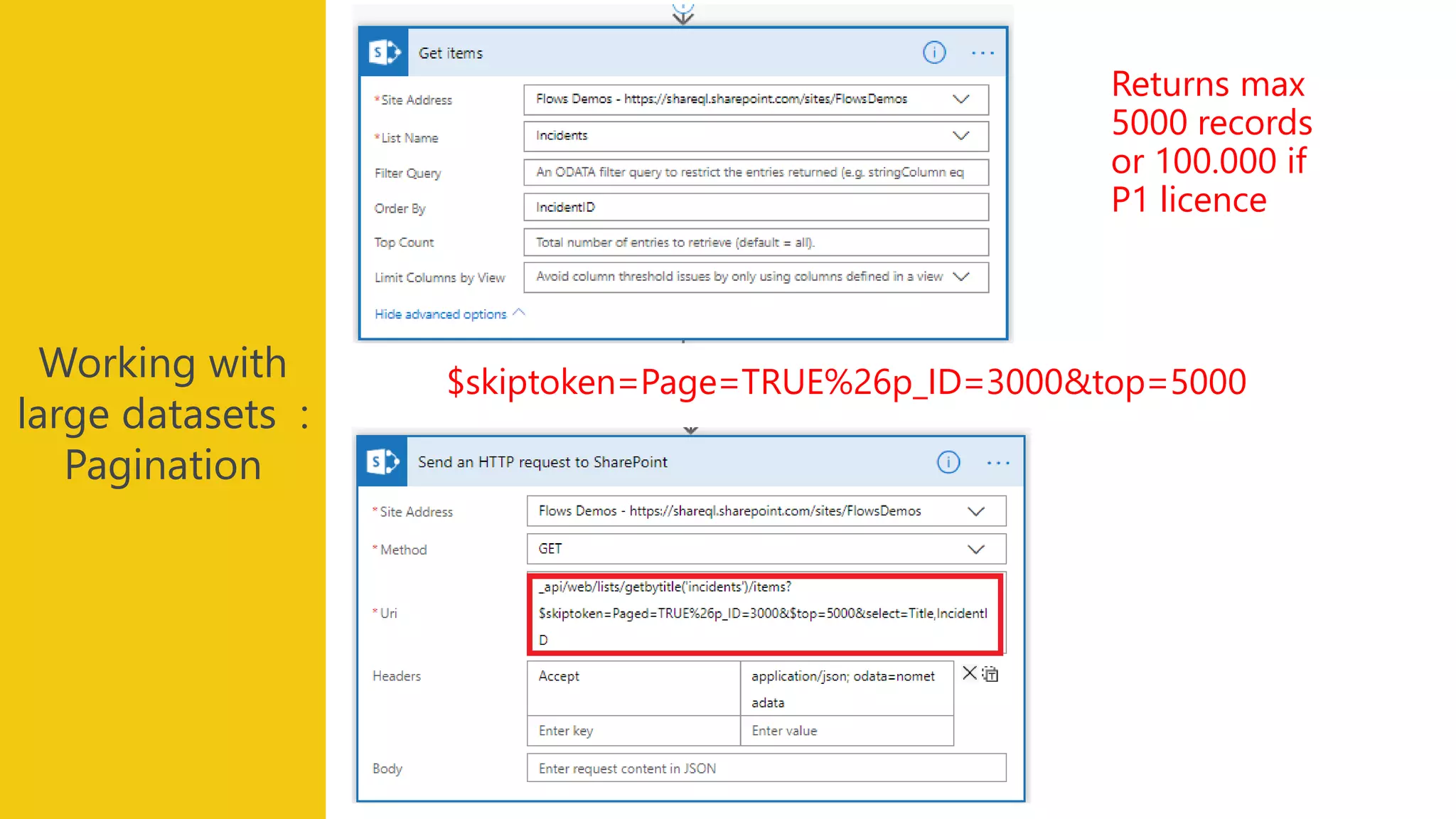 Working with
large datasets :
Pagination
Returns max
5000 records
or 100.000 if
P1 licence
$skiptoken=Page=TRUE%26p_ID=3000&top=5000
 