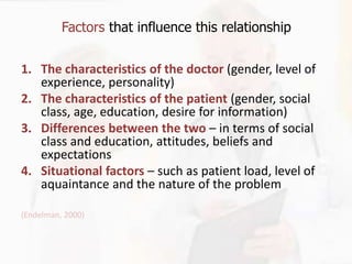 Factors that influence this relationship
1. The characteristics of the doctor (gender, level of
experience, personality)
2...