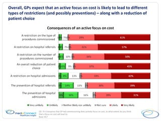 Overall, GPs expect that an active focus on cost is likely to lead to different types of restrictions (and possibly preventions) – along with a reduction of patient choice Q5 . If it transpires that GP-led commissioning does actively focus on cost, to what extent do you think that a focus on cost will lead to: Base: 817 