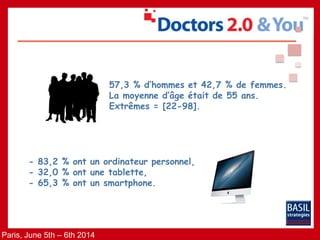 Paris, June 5th – 6th 2014
57,3 % d’hommes et 42,7 % de femmes.
La moyenne d’âge était de 55 ans.
Extrêmes = [22-98].
- 83,2 % ont un ordinateur personnel,
- 32,0 % ont une tablette,
- 65,3 % ont un smartphone.
 