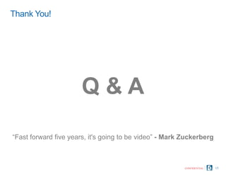 Thank You!
15
Q & A
“Fast forward five years, it's going to be video” - Mark Zuckerberg
CONFIDENTIAL
 