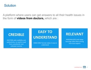 Solution
A platform where users can get answers to all their health issues in
the form of videos from doctors, which are :
4
CREDIBLE
DOCTORS add credibility and
authenticity; no need to read
from unauthentic and
unknown sources
EASY TO
UNDERSTAND
VIDEO ONLY format makes it easy to
understand
RELEVANT
PERSONALIZED (with deep
learning) video feed coming
from local experts
CONFIDENTIAL
 