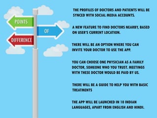 POINTS
OF
DIFFERENCE
THE PROFILES OF DOCTORS AND PATIENTS WILL BE
SYNCED WITH SOCIAL MEDIA ACCOUNTS.
A NEW FEATURE TO FIND DOCTORS NEARBY, BASED
ON USER’S CURRENT LOCATION.
THERE WILL BE AN OPTION WHERE YOU CAN
INVITE YOUR DOCTOR TO USE THE APP.
YOU CAN CHOOSE ONE PHYSICIAN AS A FAMILY
DOCTOR, SOMEONE WHO YOU TRUST. MEETINGS
WITH THESE DOCTOR WOULD BE PAID BY US.
THERE WILL BE A GUIDE TO HELP YOU WITH BASIC
TREATMENTS
THE APP WILL BE LAUNCHED IN 10 INDIAN
LANGUAGES, APART FROM ENGLISH AND HINDI.
 