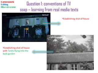 Question 1: conventions of TV  soap – learning from real media texts Camerawork Editing Mise en scene Establishing shot of house  Establishing shot of house with  Tardis flying into the back garden Actual   Interpretation  