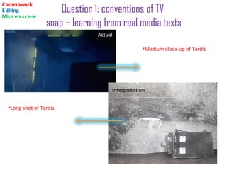 Question 1: conventions of TV  soap – learning from real media texts Camerawork Editing Mise en scene Medium close-up of Tardis  Long shot of Tardis  Actual   Interpretation  