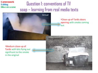Question 1: conventions of TV  soap – learning from real media texts Camerawork Editing Mise en scene Close-up of Tardis doors opening   with smoke coming out  Medium close-up of Tardis  with bits flying out significant to the smoke in the original  Actual   Interpretation  