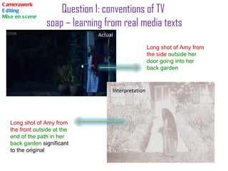 Question 1: conventions of TV  soap – learning from real media texts Camerawork Editing Mise en scene Actual   Interpretation  Long shot of Amy from the side  outside her door going into her back garden Long shot of Amy from the front  outside at the end of the path in her back garden  significant to the original 