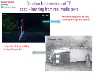 Question 1: conventions of TV  soap – learning from real media texts Camerawork Editing Mise en scene Actual   Interpretation  Medium long shot of Amy walking through the garden  Long shot of Amy walking through the garden  