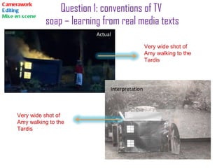 Question 1: conventions of TV  soap – learning from real media texts Camerawork Editing Mise en scene Actual   Interpretation  Very wide shot of Amy walking to the Tardis Very wide shot of Amy walking to the Tardis 