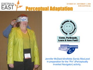 Perceptual Adaptation Kristy Astry (blindfolded) does not know that Terry Farley is wearing inversion prisms. She does not know what the sign says, either. Jennifer McDaid blindfolds Sandy MacLeod in preparation for the “Pin” (Perceptually Inverted Navigator) activity.  