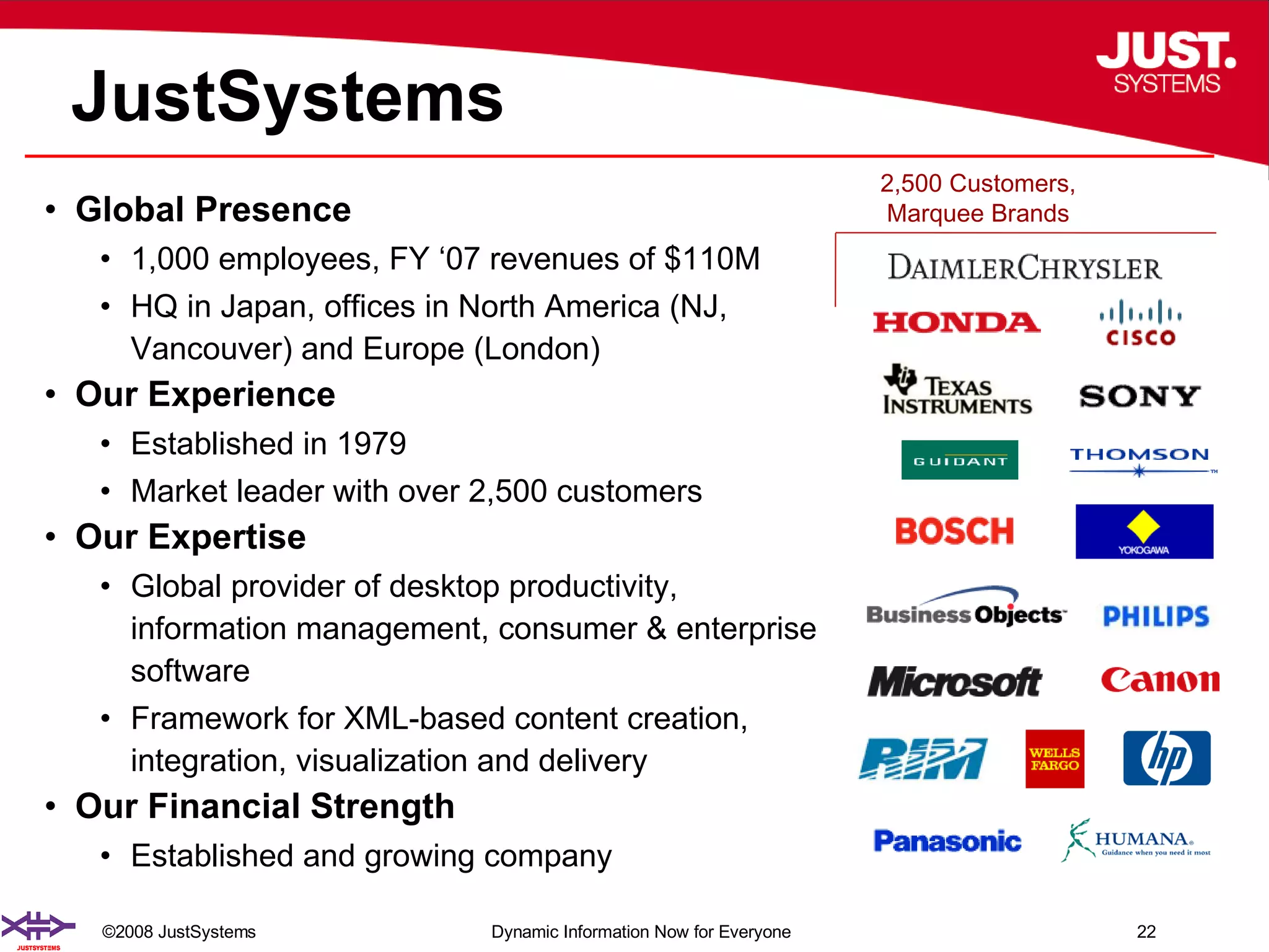 Global Presence 1,000 employees, FY ‘07 revenues of $110M HQ in Japan, offices in North America (NJ, Vancouver) and Europe (London) Our Experience Established in 1979 Market leader with over 2,500 customers Our Expertise Global provider of desktop productivity, information management, consumer & enterprise software  Framework for XML-based content creation, integration, visualization and delivery Our  Financial Strength Established and growing company JustSystems 2,500 Customers, Marquee Brands 