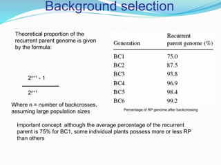 Background selection
Percentage of RP genome after backcrossing
Theoretical proportion of the
recurrent parent genome is given
by the formula:
Where n = number of backcrosses,
assuming large population sizes
2n+1 - 1
2n+1
Important concept: although the average percentage of the recurrent
parent is 75% for BC1, some individual plants possess more or less RP
than others
 