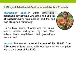 1. Story of Adaribariki Seethamma of Andhra Pradesh
Technology used: In 2019 May, pre-
monsoon dry sowing was done and 200 kg
of Ghanajivamrit was applied and the soil
was ploughed minimally.
On 15 May, seeds of white and red rajma,
maize, tomato, red gram, ragi and other
millets, leafy vegetables, and groundnuts
were sowed.
Impact: She earned a total income of Rs 28,000 from
0.30 acres of land, along with food items for consumption,
with a bare cost of Rs 2300.
 