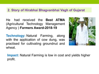 He had received the Best ATMA
(Agricultural Technology Management
Agency ) Farmers Award-2018-19
Technology: Natural Farming, along
with the application of cow dung, was
practised for cultivating groundnut and
wheat.
2. Story of Hirabhai Bhagvanbhai Vagh of Gujarat
Impact: Natural Farming is low in cost and yields higher
profit.
 