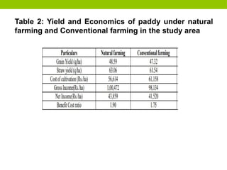 Table 2: Yield and Economics of paddy under natural
farming and Conventional farming in the study area
 