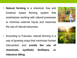 • Natural farming is a chemical- free and
livestock based farming system that
emphasizes working with natural processes
to minimize external inputs and maximize
the use of natural resources.
• According to Fukuoka, natural farming is a
way of growing crops that minimizes human
intervention and avoids the use of
chemicals, synthetic fertilizers, or
intensive tilling.
 