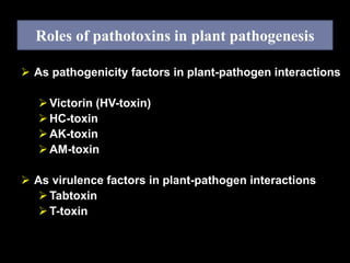 Roles of pathotoxins in plant pathogenesis
 As pathogenicity factors in plant-pathogen interactions
Victorin (HV-toxin)
HC-toxin
AK-toxin
AM-toxin
 As virulence factors in plant-pathogen interactions
Tabtoxin
T-toxin
 