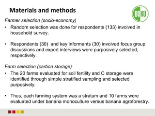 Materials and methods
Farmer selection (socio-economy)
• Random selection was done for respondents (133) involved in
household survey.
• Respondents (30) and key informants (30) involved focus group
discussions and expert interviews were purposively selected,
respectively.
Farm selection (carbon storage)
• The 20 farms evaluated for soil fertility and C storage were
identified through simple stratified sampling and selected
purposively.
• Thus, each farming system was a stratum and 10 farms were
evaluated under banana monoculture versus banana agroforestry.
 