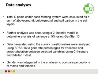 Data analyses
• Total C pools under each farming system were calculated as a
sum of aboveground, belowground and soil carbon in the soil
layers.
• Further analysis was done using a 2-factorial model to
determine analysis of variance at 5% using GenStat 13.
• Data generated using the survey questionnaires were analyzed
using SPSS 16 to generate percentages for variables and
cross-tabulation between selected variables using Chi-square
and 2-tailed T-test.
• Gender was integrated in the analyses to compare perceptions
of males and females.
 