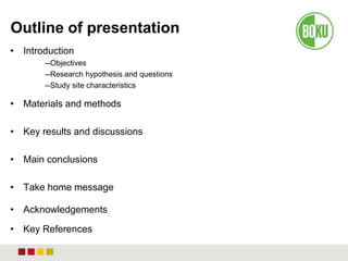 Outline of presentation
• Introduction
--Objectives
--Research hypothesis and questions
--Study site characteristics
• Materials and methods
• Key results and discussions
• Main conclusions
• Take home message
• Acknowledgements
• Key References
 