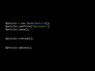 $article = new ModelArticle();
$article->setTitle('Doctrator');
$article->save();


$article->refresh();


$article->delete();
 