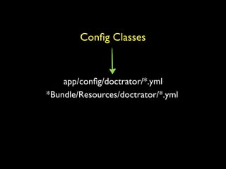Conﬁg Classes


    app/conﬁg/doctrator/*.yml
*Bundle/Resources/doctrator/*.yml
 