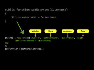 public function setUsername($username)
{
    $this->username = $username;
}


                      Visibility   Name         Arguments     Code


$method = new Method('public', 'setUsername', '$username', <<<EOF
        $this->username = $username;
EOF
);
$definition->addMethod($method);
 