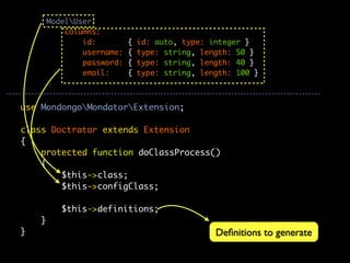 ModelUser:
            columns:
                id:         {   id: auto, type: integer }
                username:   {   type: string, length: 50 }
                password:   {   type: string, length: 40 }
                email:      {   type: string, length: 100 }



use MondongoMondatorExtension;

class Doctrator extends Extension
{
    protected function doClassProcess()
    {
        $this->class;
        $this->configClass;

           $this->definitions;
    }
}                                                Deﬁnitions to generate
 
